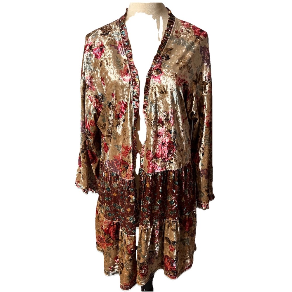 Easel Velour Duster S Kimono Tier Peplum Floral Boho Whimsical Beige Pink